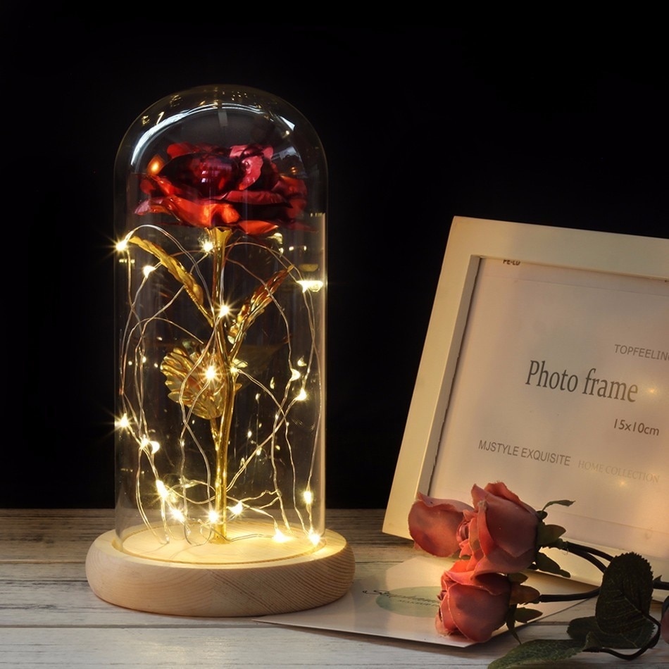 Beauty And The Beast Red Rose Flower In Glass Dome
